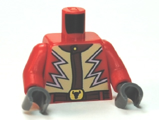 [P 973pb1383c01 (Red)] Torso Jacket with Lightning Zigzag and Steer / Bull's Head Belt Buckle Pattern / Red Arms / Dark Bluish Gray Hands