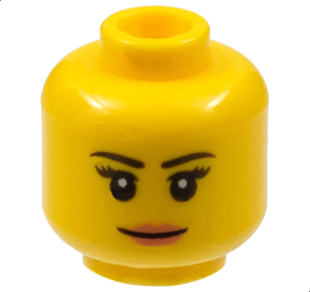 [P 3626pb1211 (Yellow)] Minifigure, Head Female Black Thin Eyebrows, Eyelashes, Nougat Lips, Grin Pattern