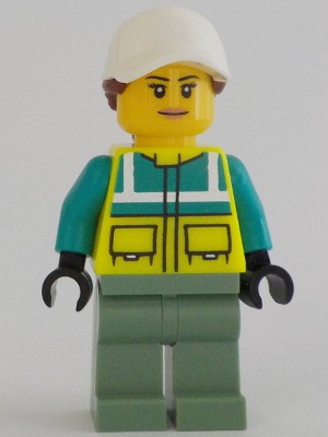[M cty1349 (No Colour)] Ambulance Driver - Female, Dark Turquoise and Neon Yellow Safety Vest, Sand Green Legs, White Cap with Reddish Brown Ponytail Hair