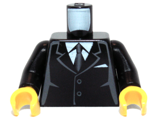 [P 973pb0322c01 (Black)] Torso Suit with 2 Buttons, Gray Sides, Gray Centerline and Tie Pattern / Black Arms / Yellow Hands