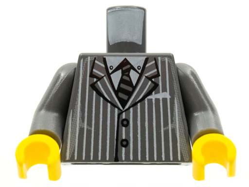 [P 973pb0323c02 (Dark Bluish Gray)] Torso Suit Pinstripe Jacket and Striped Tie Pattern / Dark Bluish Gray Arms / Yellow Hands