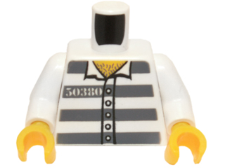[P 973pb3375c01 (White)] Torso Prison Uniform Shirt with '50380', 5 Buttons, and Dark Bluish Gray Stripes, Hairy Chest, Yellow Neck Pattern / White Arms / Yellow Hands