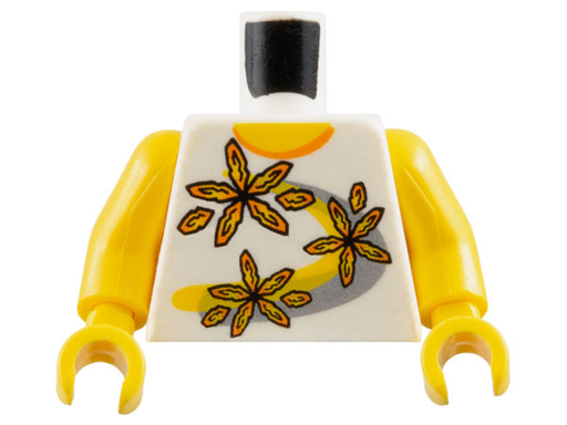 [P 973pb0089c01 (White)] Torso Shirt with Orange Collar and 3 Flowers over Yellow and Silver Curved Stripes Pattern / Yellow Arms / Yellow Hands