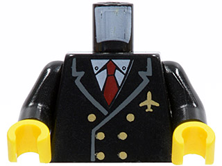 [P 973pb0109c01 (Black)] Torso Airplane Pilot, Suit Double Breasted, Red Tie, Gold Buttons and Logo Pin Pattern / Black Arms / Yellow Hands