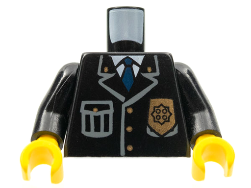 [P 973px431c01 (Black)] Torso Police Jacket with Pocket, Gold Badge and Blue Tie Pattern / Black Arms / Yellow Hands