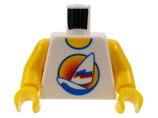 [P 973px126newc01 (White)] Torso Shirt with Long Surfboard with Sail on Blue Water in Circle Sunset Logo, Yellow Neck Pattern, Inside with Ribs (Reissue) / Yellow Arms / Yellow Hands