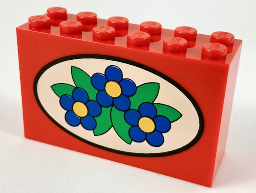 [P 6213px4 (Red)] Brick 2 x 6 x 3 with Blue Flowers on White Oval Pattern