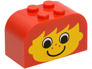 [P 4744px3 (Red)] Slope, Curved 4 x 2 x 2 Double with 4 Studs with Yellow Face with Eyes, Freckles, and Smile Pattern