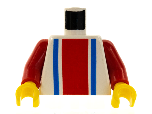 [P 973p01c02 (White)] Torso with Vertical Thick Red Stripe and Thin Blue Stripes Pattern / Red Arms / Yellow Hands