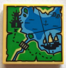 [P 3068pb1098 (Tan)] Tile 2 x 2 with Ninjago Map with Pagoda, Bridge, Ship, Anchor, Water, Dotted Line Trail, and Script 'DD' Pattern