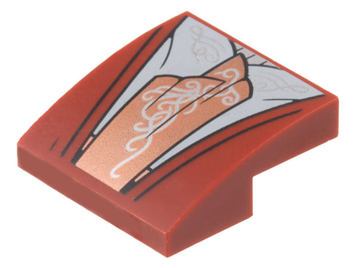 [P 15068pb469 (Dark Red)] Slope, Curved 2 x 2 x 2/3 with Robe, Light Bluish Gray Center Panel and Copper Sash with Silver Filigree Pattern (Elrond Robe)