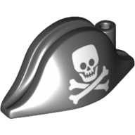 [P 2528pb14 (Black)] Minifigure, Headgear Hat, Pirate Bicorne with White Skull and Crossbones, Squared Cranium and Neutral Eye Sockets Pattern