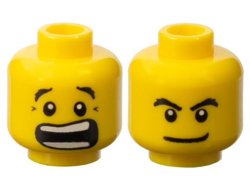 [P 3626pb0272 (Yellow)] Minifigure, Head Dual Sided Black Bushy Eyebrows, Scared Open Mouth with Teeth Parted / Smirk Pattern