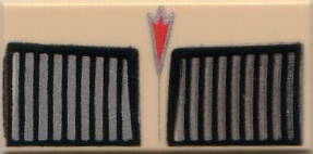[P 3069pb0032 (Tan)] Tile 1 x 2 with Black and Silver Car Grille, Red Arrow Logo Pattern