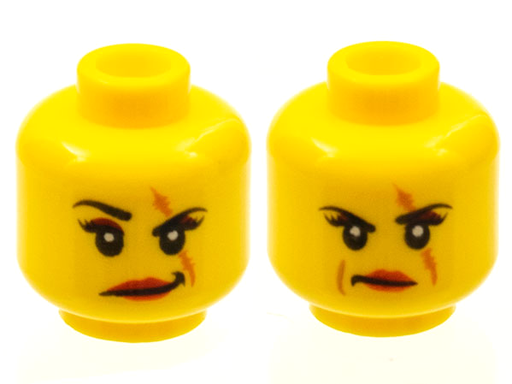 [P 3626pb0736 (Yellow)] Minifigure, Head Dual Sided Female Scar over Left Eye, Raised Eyebrow / Scowl Pattern (Ann Lee)