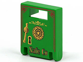 [P 4346px5 (Green)] Container, Box 2 x 2 x 2 Door with Slot with Black and Gold Dial, Handle, Key Hole, and 'Safe Co' Pattern