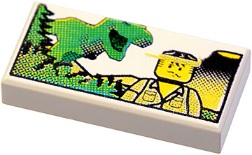 [P 3069px16 (White)] Tile 1 x 2 with Minifigure and Dinosaur Pattern