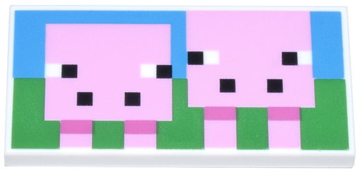 [P 87079pb1490 (White)] Tile 2 x 4 with Pixelated Bright Pink Minecraft Pig and Baby Pig on Green Grass and Dark Azure Sky Background Pattern