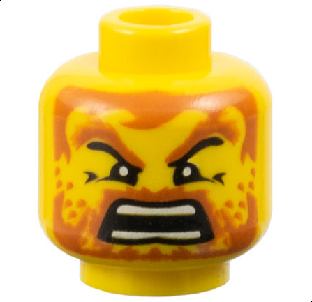 [P 3626pb0255 (Yellow)] Minifigure, Head Dark Orange Eyebrows, Moustache, Full Beard with Stubble, and Hair, Angry Open Mouth with Teeth Parted Pattern