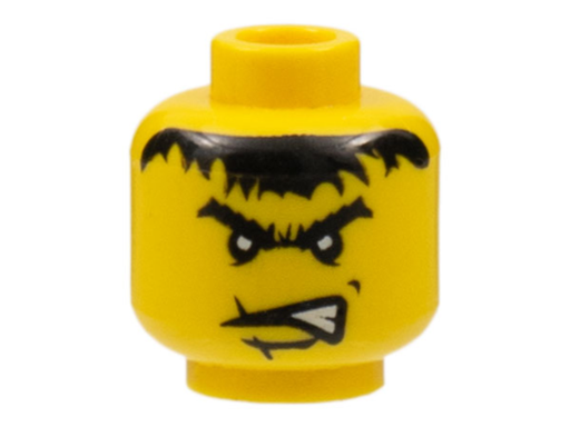 [P 3626pb0060 (Yellow)] Minifigure, Head Male Scar Across Lip, Angry Black Eyebrows and Messy Hair Pattern (Dracus)