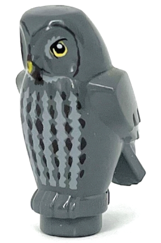 [P 92084pb02 (Dark Bluish Gray)] Owl, Angular Features with Yellow Beak and Eyes, Light Bluish Gray and Dark Brown Chest Feathers Pattern (HP Errol)