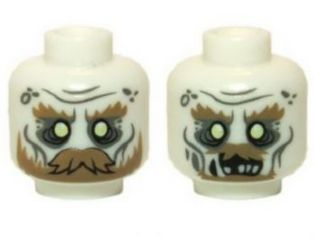 [P 3626pb0950 (Glow In Dark White)] Minifigure, Head Dual Sided LotR Ghost with Glowing Eyes, Moustache, and Circles on Temples, Mouth Closed / Mouth Open Pattern